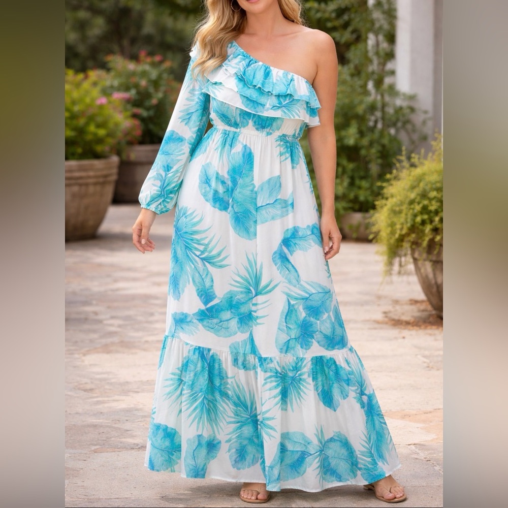 Peach Love One Shoulder Maxi Dress | Blue Tropical Ruffle Resort Dress